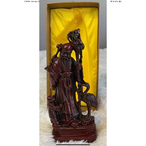 Chinese God Of Longevity Prosperity Carved Resin 10” Tall - Vintage New In Box - Picture 1 of 12
